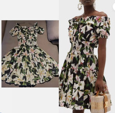 Dolce & Gabbana Cotton Lily Print Green Floral Off Shoulder Dress IT36