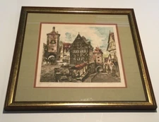 A Pair Rothenburg Gate Plonlein  Vintage Hand Colored Etching Signed & Framed