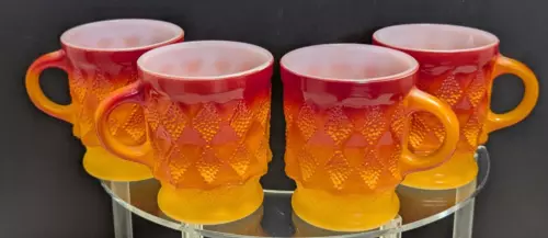Fire King Anchor Hocking Kimberly Diamond Mugs Coffee Red orange 4 Cups