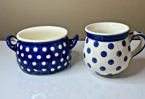 2 Vintage Beide Germany pottery Cobalt Blue Mug And Bowl With Handles