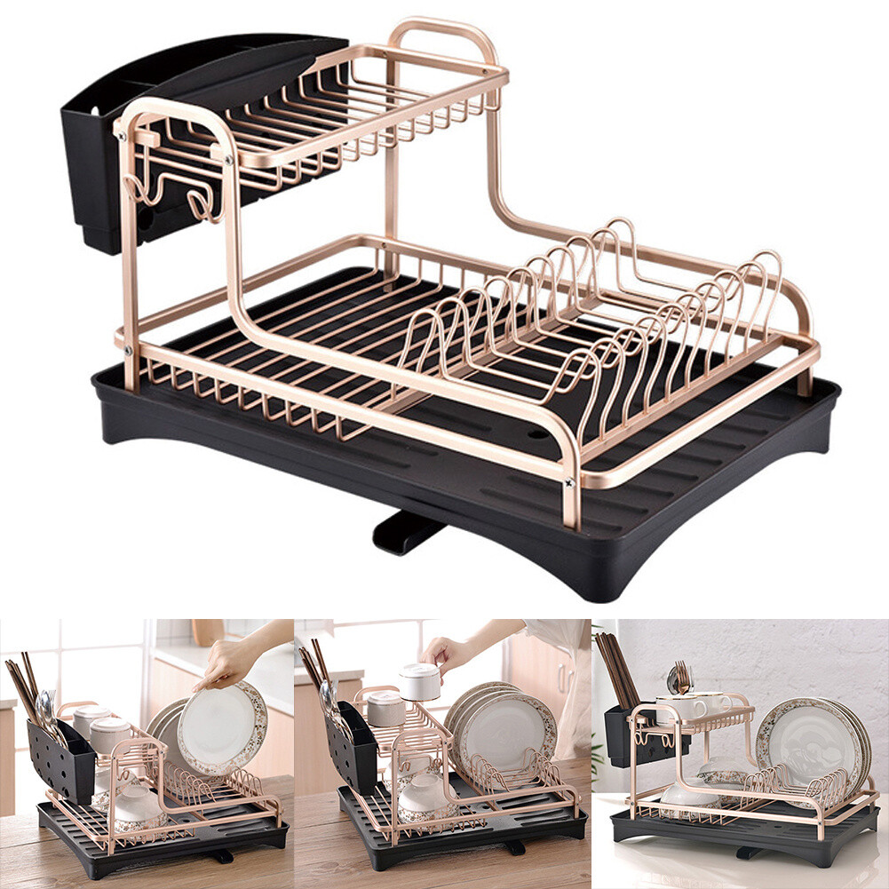 Large Aluminum Dish Drainer Kitchen Sink Draining Rack Cutlery Drip Tray  Holder