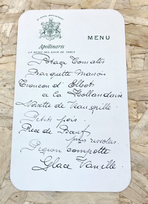 Menu  Apollinaris La Reine des Eaux de Table oyal appointment  PIGEON COMPOTTE