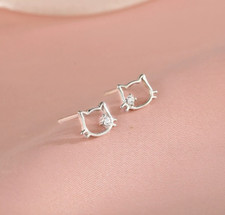 Adorable Silver Hello Kitty Cat Kitten CZ Stud Earrings