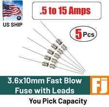 5x 3.6x10mm Fast Blow Fuse with Leads 250V .5A - 20A | You Pick | US Ship