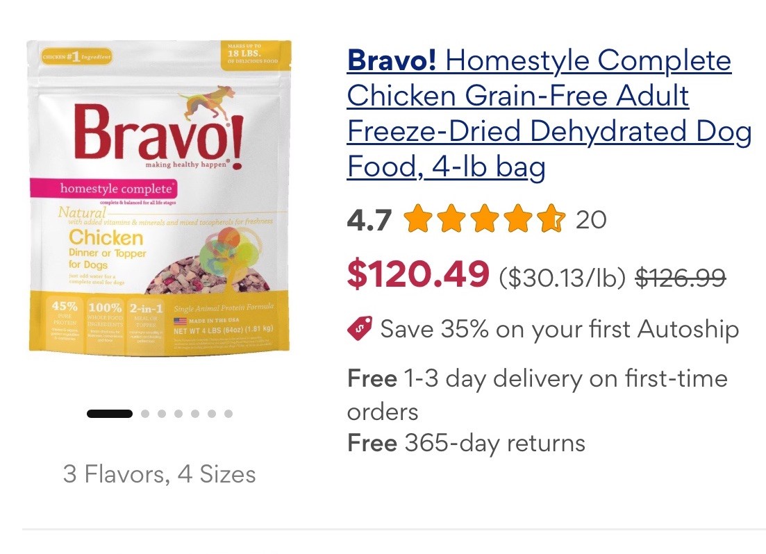 Bravo! Homestyle Complete Chicken Dinner or Topper- Freeze-Dried Dog Food 4 lbs