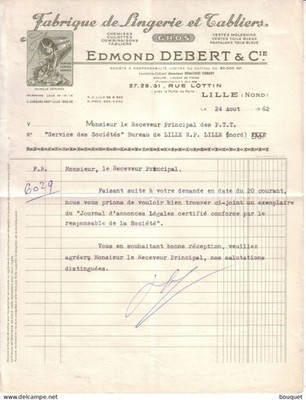 LILLE - RECHNUNG EDMOND DEBERT & CIE, KOPF '' ZUM NÄHEN'', DESSOUS, 1962