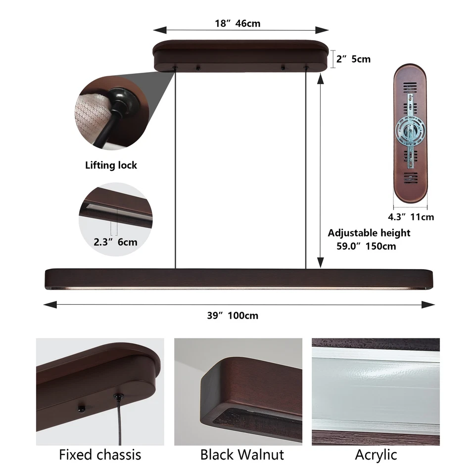 Lámpara colgante LED de madera de nogal elegante de 39" lámpara lineal moderna accesorio colgante Foto 2 de 4