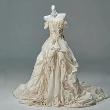 Vintage Ivory Bridal Gown 3D Floral Wedding Dresses Off-the-Shoulder Pleated