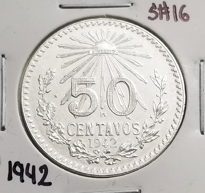 Mexico 50 Cents 1942 .720 Coin Silver, Key-Date, Moneda de Plata .720. Escasa.
