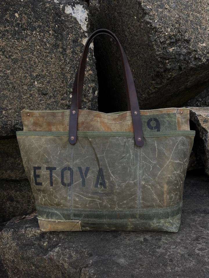 Reworked Heavy Duty Vintage Army Waxed Canvas Tote Bag Leather Handles Military - Image 3 of 4