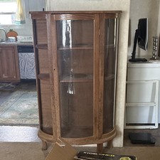 Brown Wood Curved Glass Door Curio Display Cabinet, Freestanding 3 Shelves
