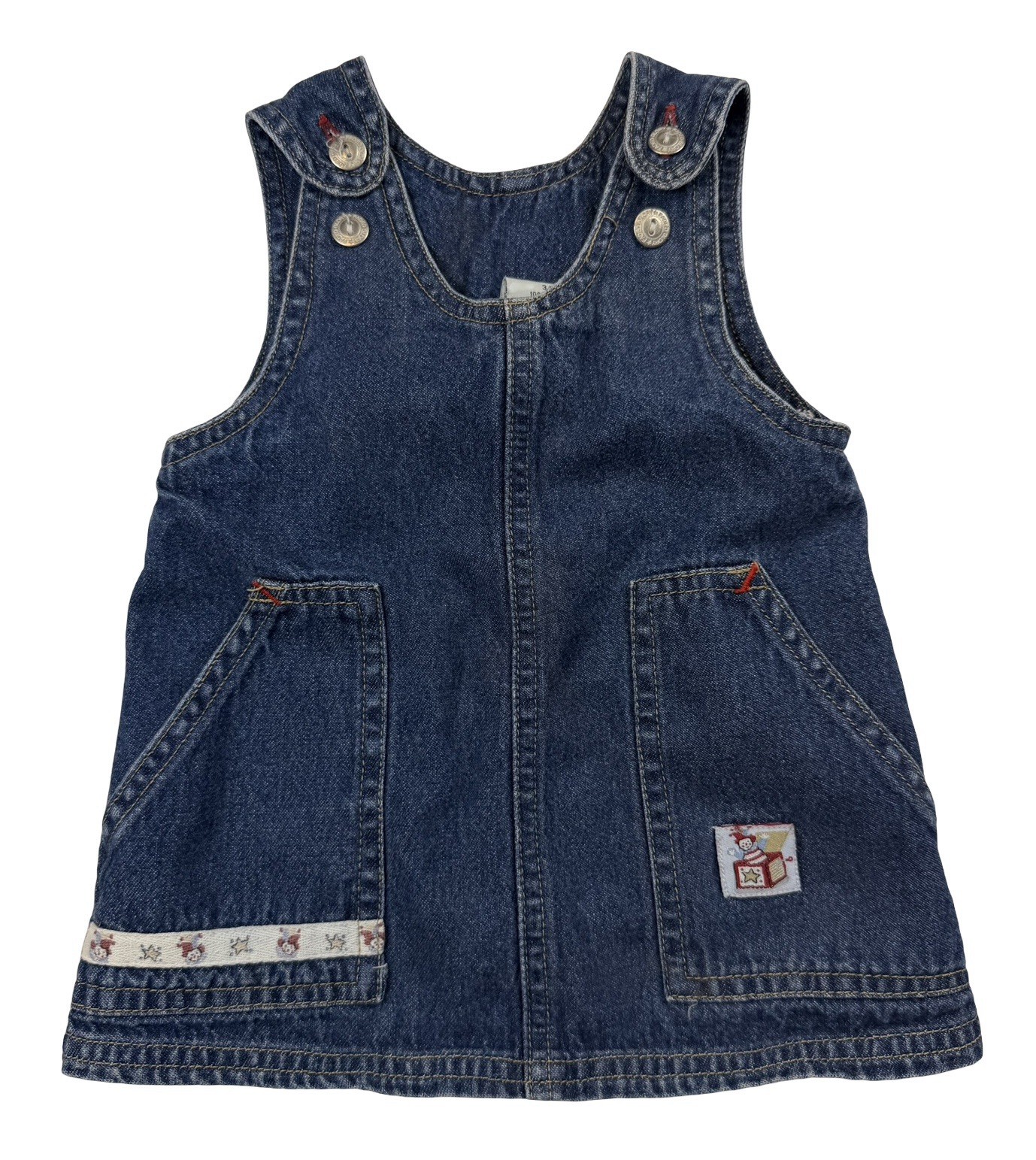 Vintage Faded Glory Baby Denim Jumper Dress 3-6M Y2K Patch Pockets Jack In Box