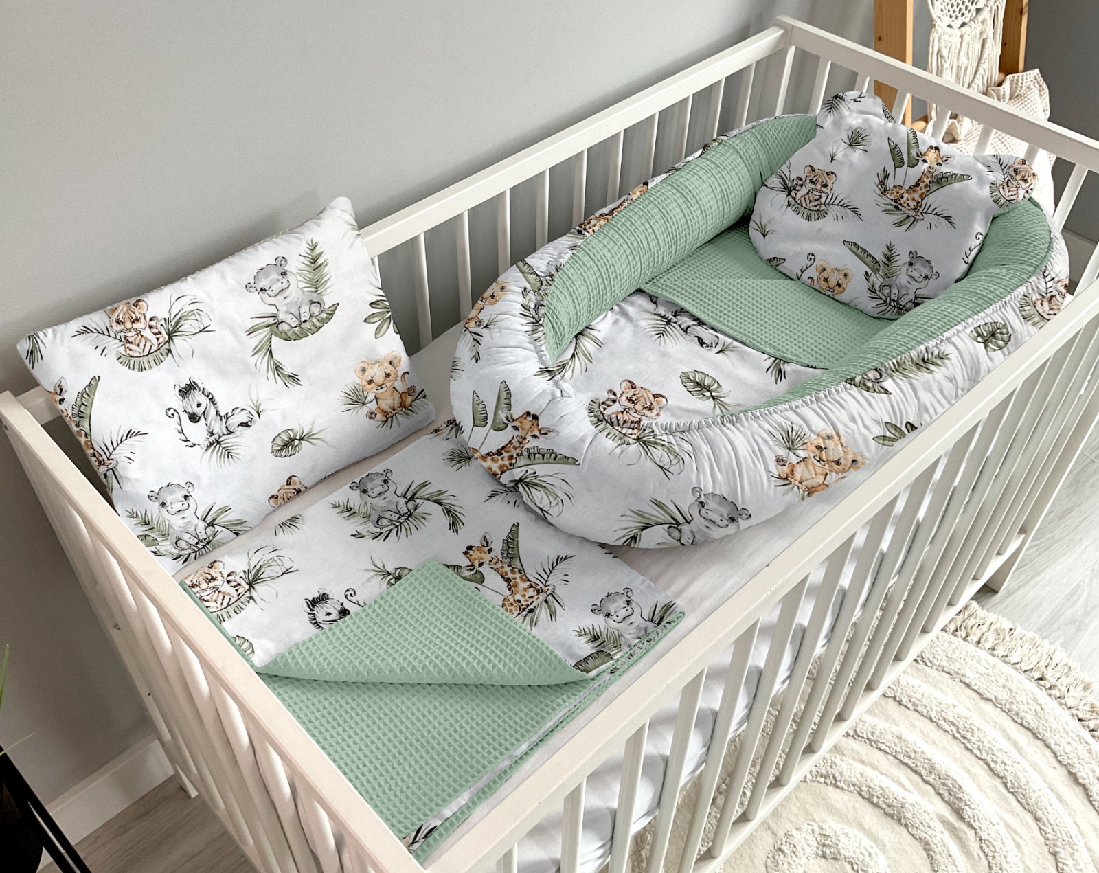 Culla Set 5 Pezzi con Coperta Neonato, Regalo, Safari e Menta Sporca