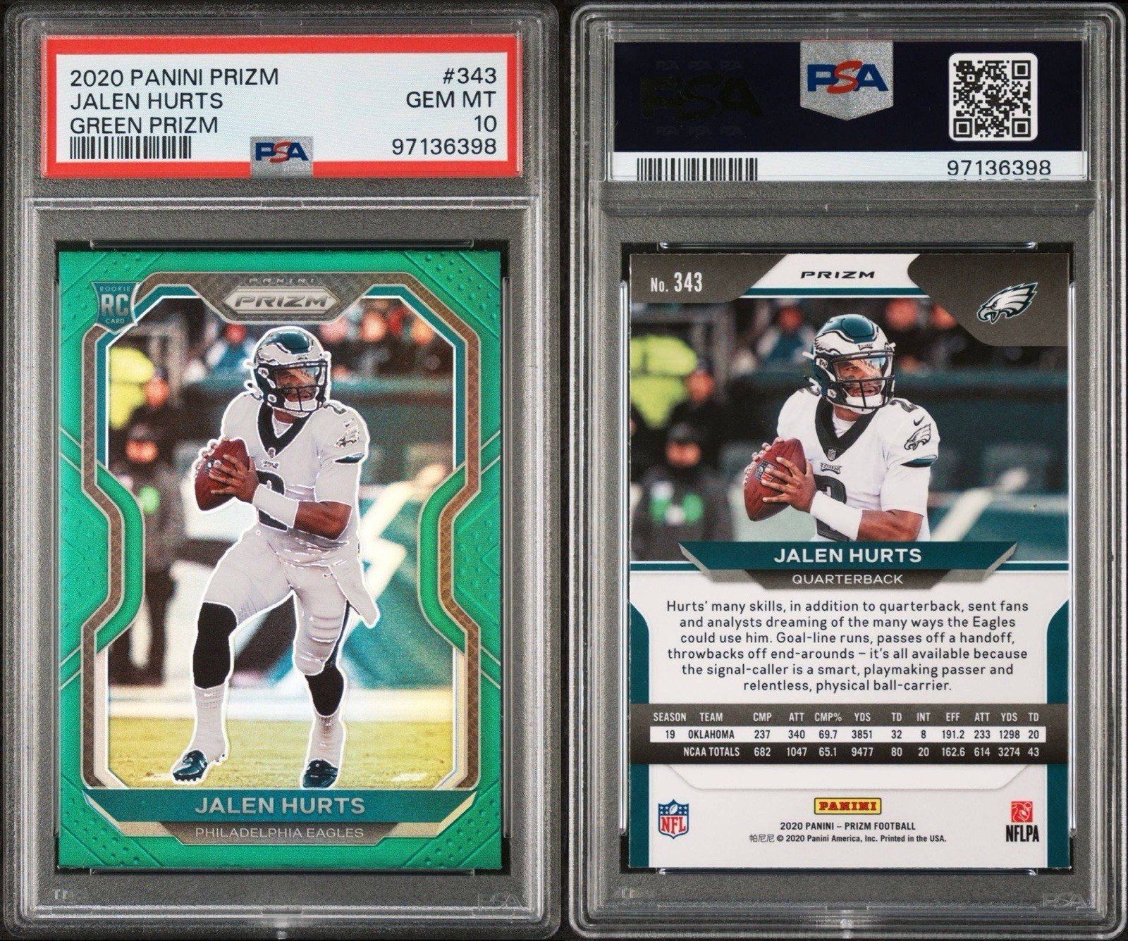 2020 Panini Prizm - Rookie Jalen Hurts #343 Green Prizm (RC) PSA 10 view 3