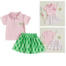 Toddler Girl Golf Outfit Polo Shirt Top Elastic Waist Mini Skirt 2PCS Summer Set