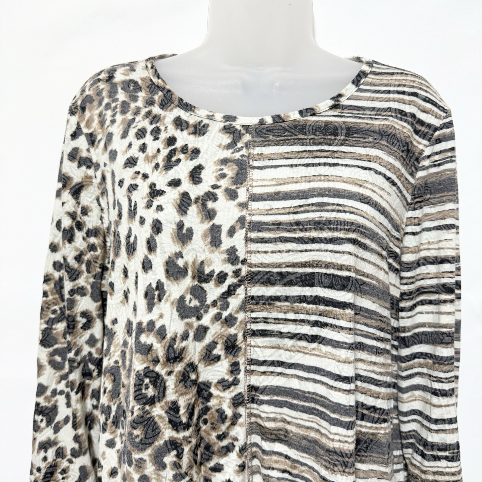 Ali Miles Patchwork Tunic Top L Leopard Stripe 3/… - image 2