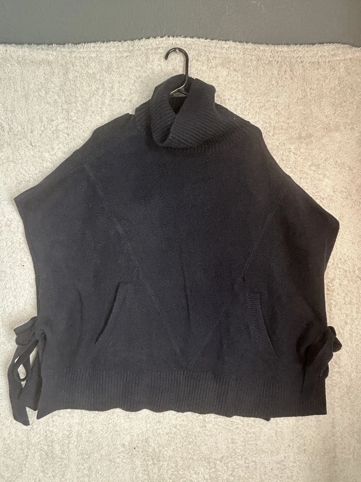 Mersea OS Navy Oversized Cape Poncho Open Sides Front Pockets Ribbed Neckline