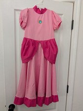 Girls Princess Peach Costume, Pink Dress Set with Crown Gloves Kids Size M