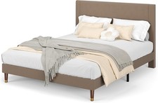 Full Size Upholstered Bed Frame, Brown Platform Bed with Modern Fabric Headboard