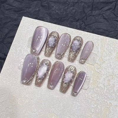 10PCS Handmade Purple Cat Eye Press On Nails Magic Mirror Fake Nails Reusable