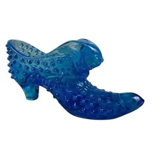 VTG Fenton Opalescent Blue Glass Hob Nail Cat Head Shoe Figurine
