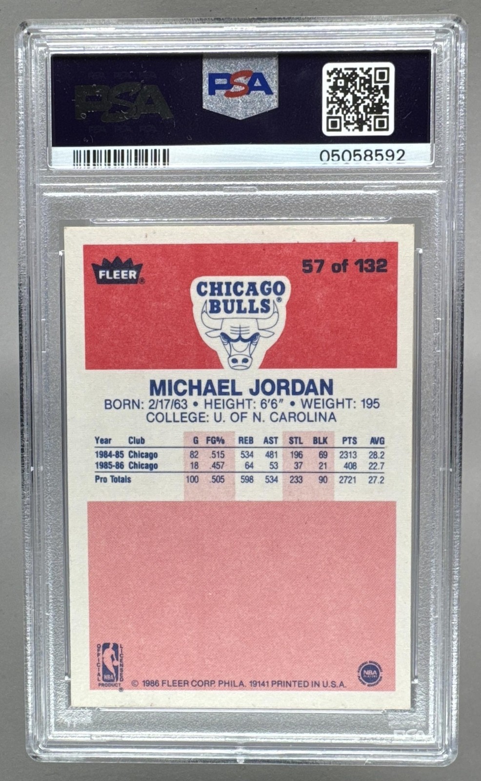 05058592 Michael Jordan 1986 Fleer #57 Rookie RC Hall of Fame HOF GOAT PSA 8 view 2