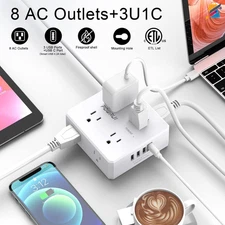 Surge Protector Power Strip 6Ft Flat Plug White - 8 Outlets & 4 USB Rapid Charge