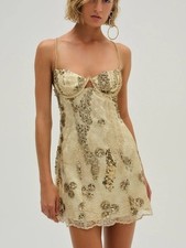 NWT FOR LOVE & LEMONS OPAL SEQUINED SLIP DRESS IN GOLD SIZE XXS