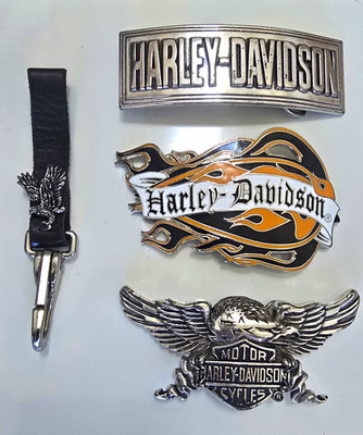 Harley-Davidson Lot of 3 Belt Buckles with Black Strap and Leather Key Fob