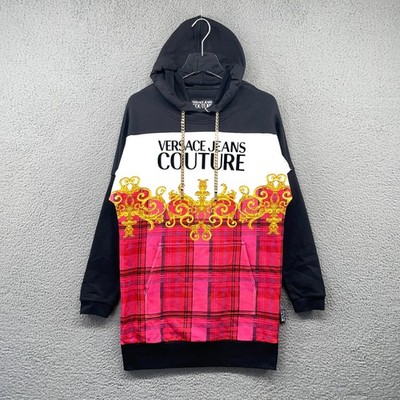 Versace Jeans Couture Hoodie Dress Womens XXS Baroque Plaid Chain Drawstring