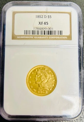 1852 D US Rare Half Eagle Liberty Head Gold Coin $5 Dollars Dahlonega XF 45 NGC