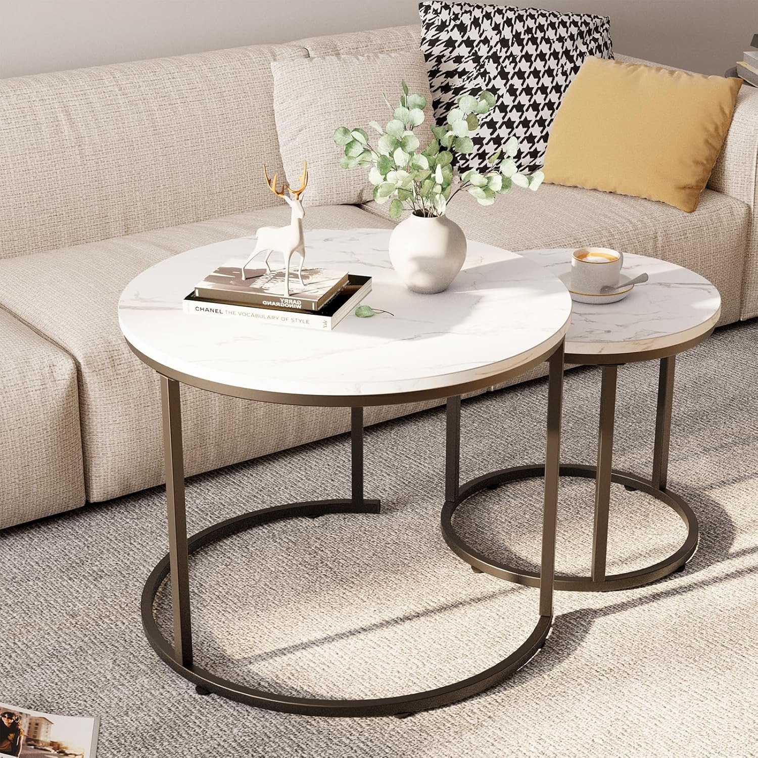 round Nesting Coffee Table Side Table Set of 2 End Tables for Living Room Bedroo