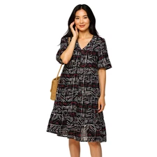 Go Softly Patio Dress Size Large Crinkled Muu Muu Batik Black Midi Short Sleeve