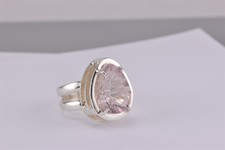 Sterling Silver Pear Pink Rose Quartz Solitaire Triple Bezel Band Ring 925 Sz: 9