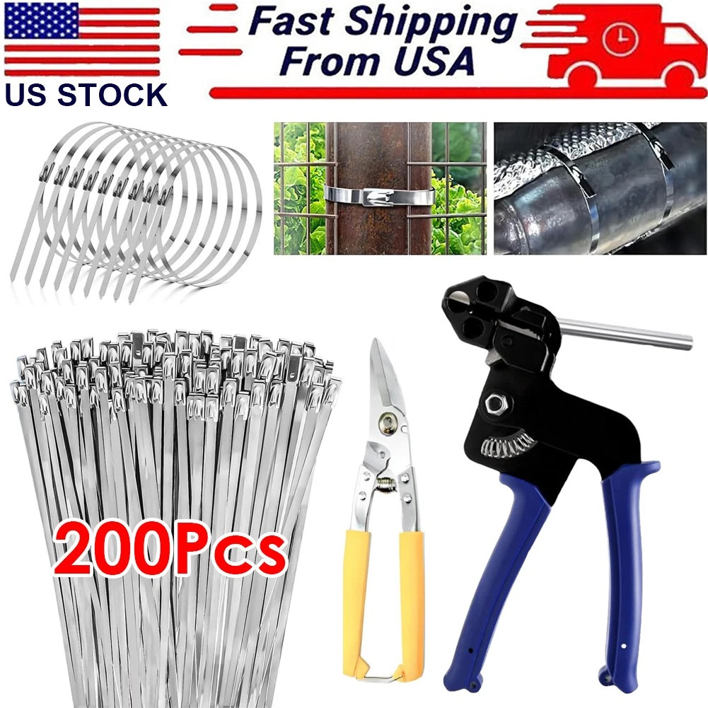 200PCS Metal Zip Ties & Stainless Steel Cable Tie Gun Heavy Duty Tool Set