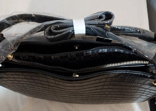 london fog handbag black brielle croco satchel hard plastic leather 23"Strap NWT - Picture 3 of 3