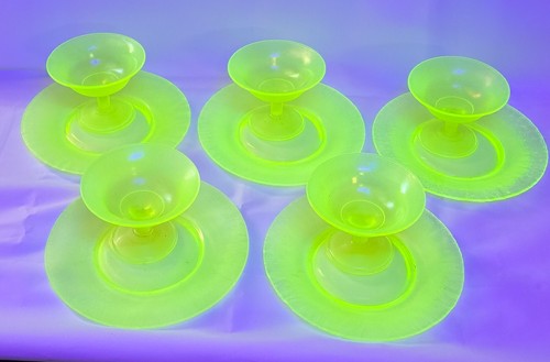 ANTIQUE FENTON TOPAZ VASELINE STRETCH GLASS SHERBET #103 1917 - 1930's w/ Plates - Picture 15 of 21