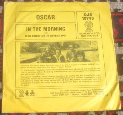 OSCAR in the morning*three cheers for the working man 1977 UK DJM PROMO PS 45
