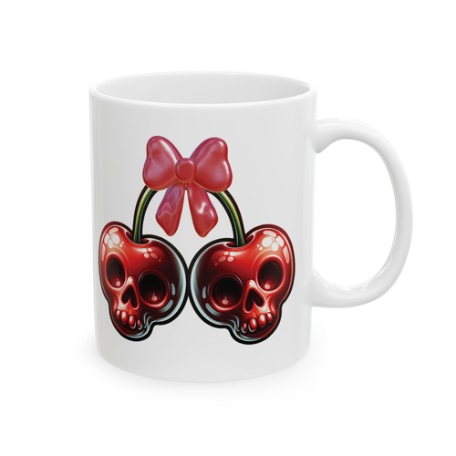Valentine's Day Cherry Skull Ceramic Mug, Cute Bow Design, Coffee Cup Gift for - Picture 8 of 10