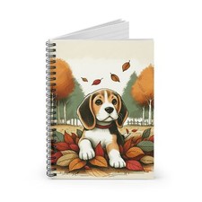 Spiral Notebook Ruled Line Beagle Puppy Playing in Leaves Design 10