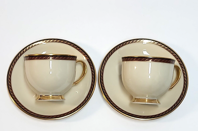 食器 Lenox  Monroe 2- Lenox MONROE Footed Cups and Saucers - Black, Burgundy w/ Gold