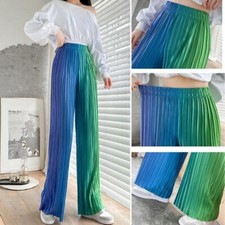 Lady Rainbow Gradient Faux Silk Pants Pleated Tie-Dye Wide-leg Trouser Drape Fit