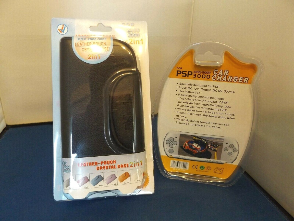 LEATHER POUCH & CRYSTAL CASE PSP 2000/3000 + PSP CAR CHARGER 1000