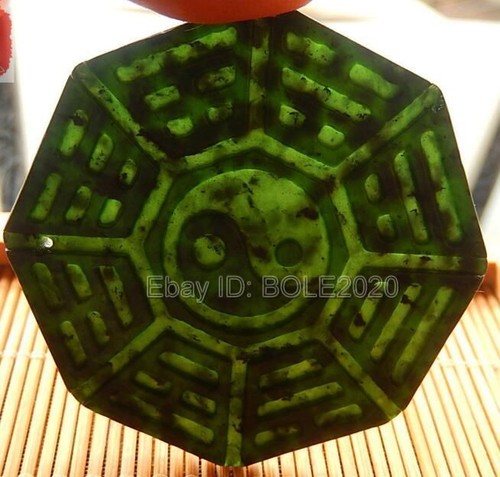Natural Black Green Jade Carved Chinese BaGua Lucky Pendant + Rope Necklace - Picture 1 of 25