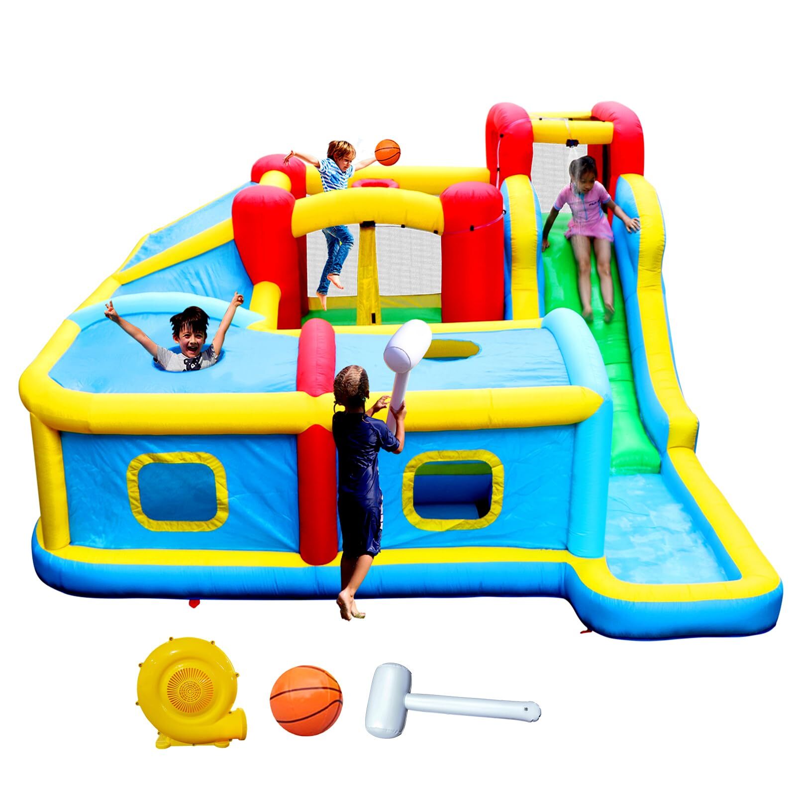 WELLFUNTIME Inflatable Water Slide Park with Blower, Bouncy Castle with Slides R