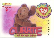 TY Beanie Babies BBOC Card - Series 1 Original 9 (RED) - CUBBIE (#4384/7480)