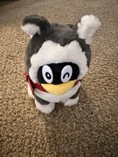 Gray and White Plush Dog Stuffed Animal with Red Collar and Winking Face