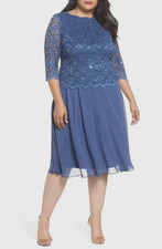 Alex Evenings Mock 2-Piece Lace Tea Length Dress Sz 14p Blue Smoke *509