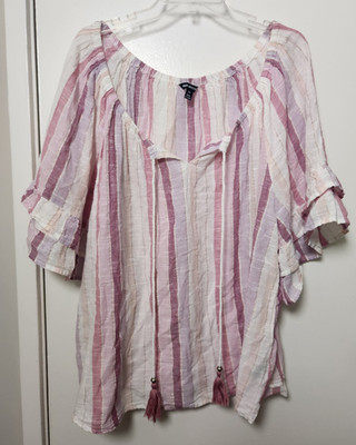 Unique Spectrum White Pink Striped Key Hole Tie Neck Ruffle Sleeve Top 2X Cotton