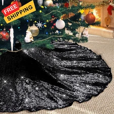 Poise3EHome Black Christmas Tree Skirt, 36 Inch Sparkle Sequin 36 inch, 